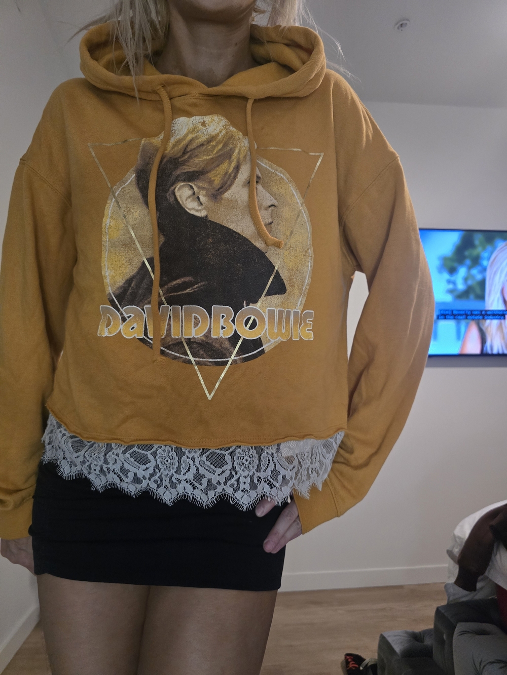 SUPER UNIQUE David Bowie Mustard Graphic Hoodie with Lace Trim
